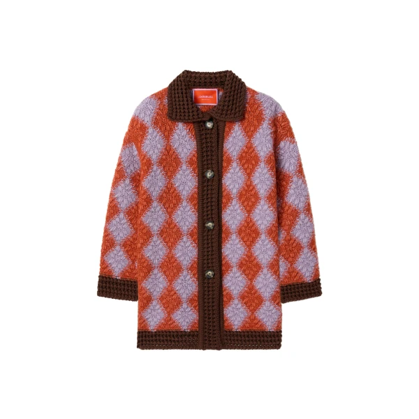 Crochet Bowling Cardigan in Crochet Stars Lilac, Orange, and Brown