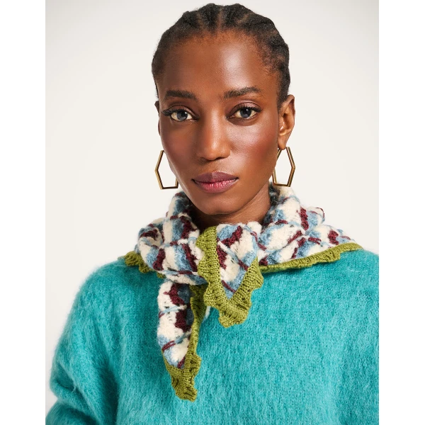 La DoubleJ Crochet Triangle Scarf in Multicolor Blue & Burgundy at Luxury Shoes 