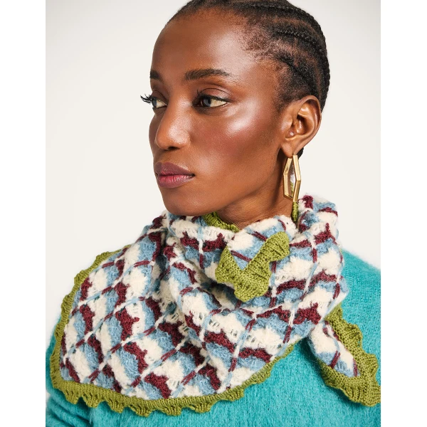 La DoubleJ Crochet Triangle Scarf in Multicolor Blue & Burgundy at Luxury Shoes 