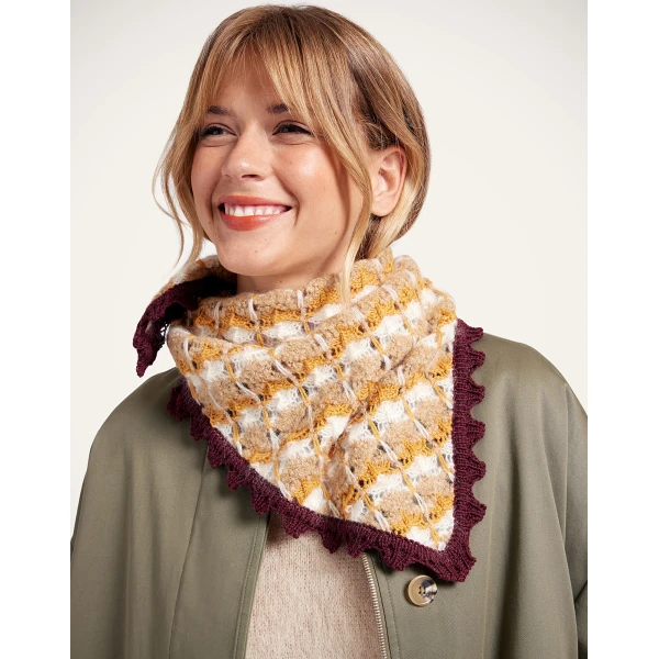 La DoubleJ Crochet Triangle Scarf in Multicolor Ocher & White at Luxury Shoes 