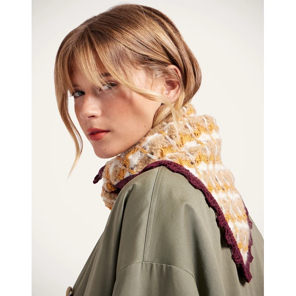 La DoubleJ Crochet Triangle Scarf in Multicolor Ocher & White at Luxury Shoes 
