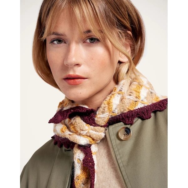 La DoubleJ Crochet Triangle Scarf in Multicolor Ocher & White at Luxury Shoes 