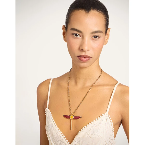 La DoubleJ Dragonfly Necklace in Enameled 24K Gold Plate And Yellow Agate at Luxury Shoes 