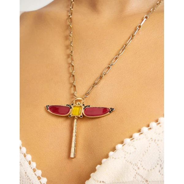 La DoubleJ Dragonfly Necklace in Enameled 24K Gold Plate And Yellow Agate at Luxury Shoes 