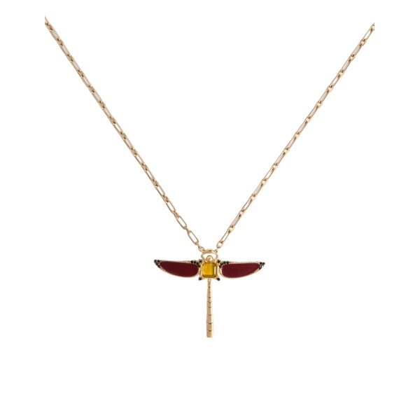 La DoubleJ Dragonfly Necklace in Enameled 24K Gold Plate And Yellow Agate at Luxury Shoes 