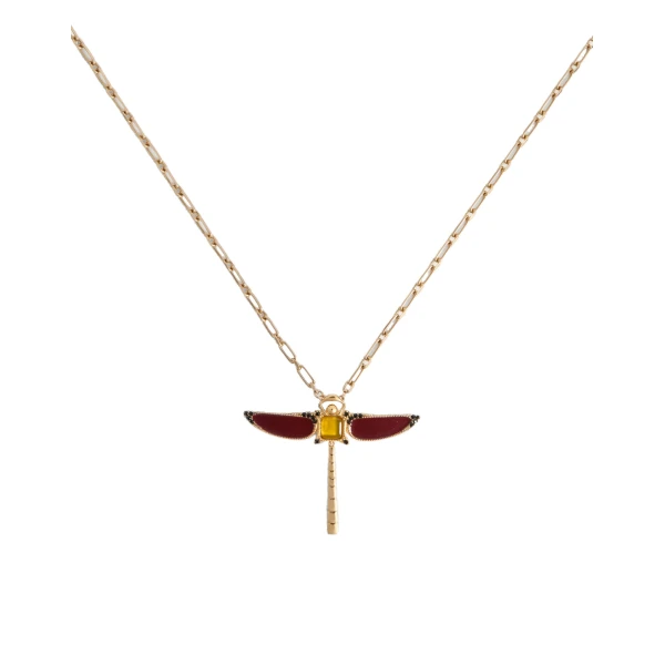 Dragonfly Necklace in Enameled 24K Gold Plate And Yellow Agate
