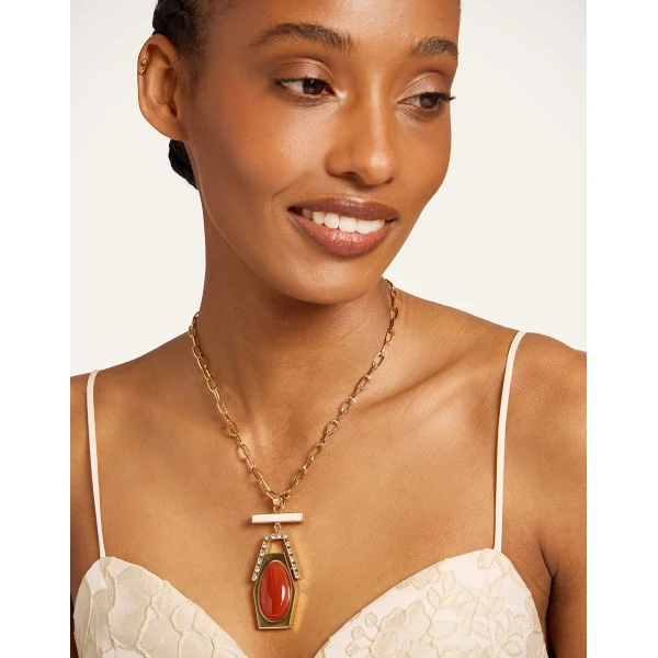 La DoubleJ Embellished Portal Necklace in 24K Gold Plate & Red Agate at Luxury Shoes 
