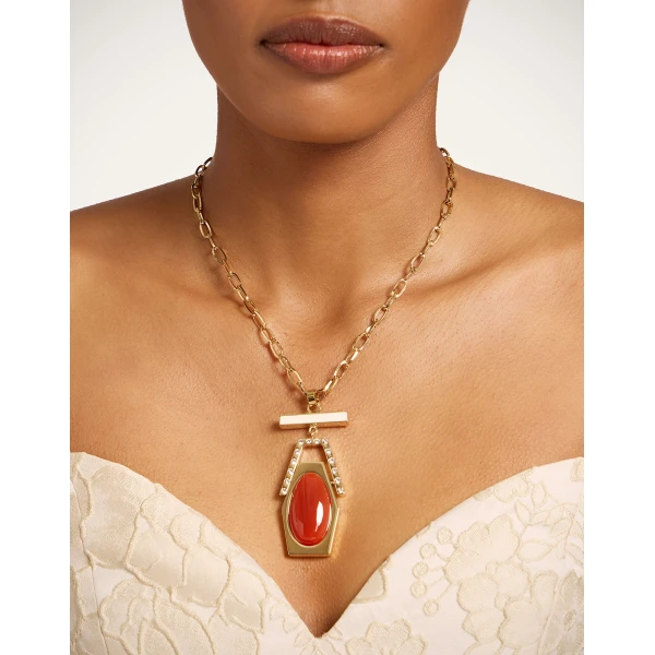 La DoubleJ Embellished Portal Necklace in 24K Gold Plate & Red Agate at Luxury Shoes 
