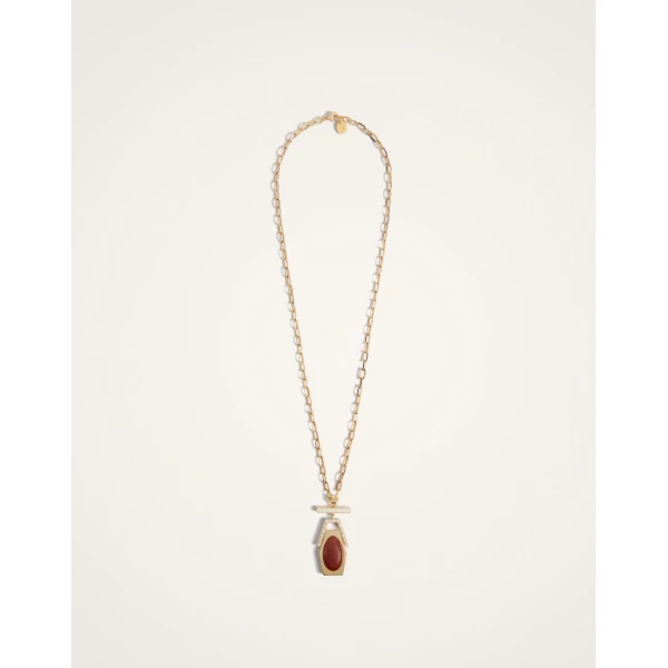 La DoubleJ Embellished Portal Necklace in 24K Gold Plate & Red Agate at Luxury Shoes 