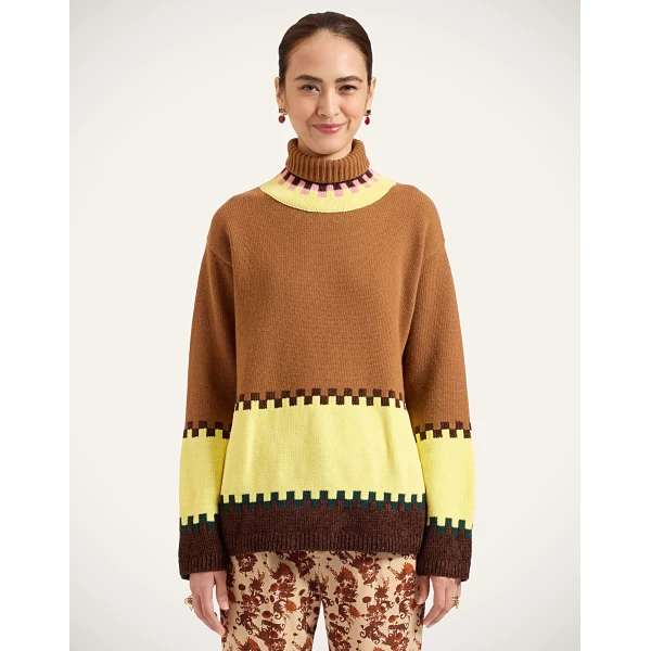 La DoubleJ Fireside Turtleneck in Color Block Camel and Light Yellow at Luxury Shoes 