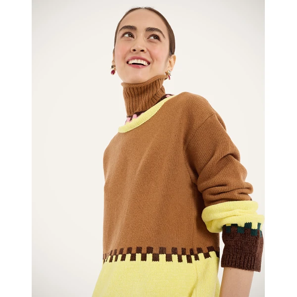La DoubleJ Fireside Turtleneck in Color Block Camel and Light Yellow at Luxury Shoes 