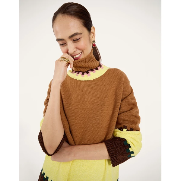 La DoubleJ Fireside Turtleneck in Color Block Camel and Light Yellow at Luxury Shoes 
