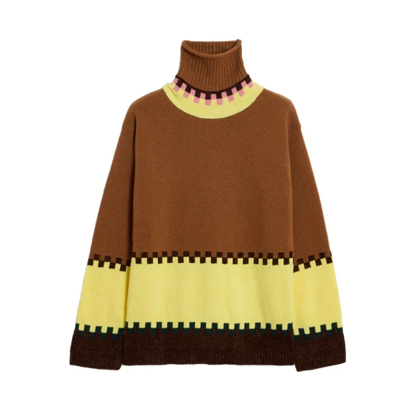 Fireside Turtleneck in Color Block Camel and Light Yellow
