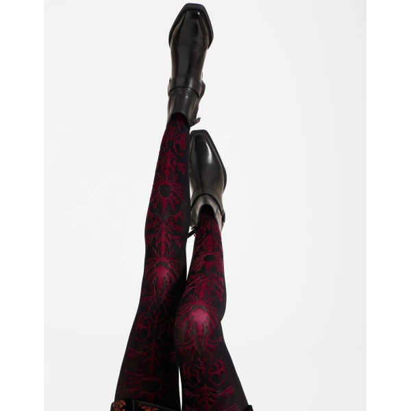 La DoubleJ Flocked Tights in Black & Red at Luxury Shoes 