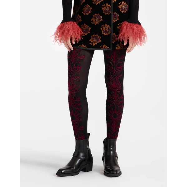La DoubleJ Flocked Tights in Black & Red at Luxury Shoes 