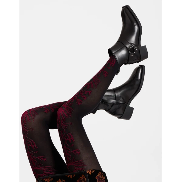 La DoubleJ Flocked Tights in Black & Red at Luxury Shoes 