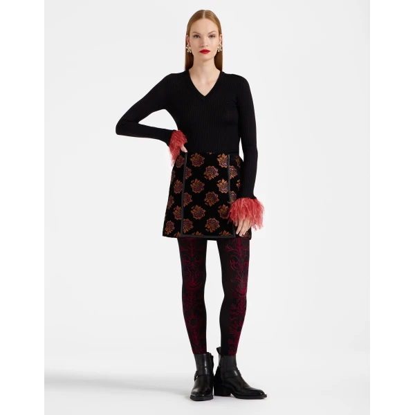 La DoubleJ Flocked Tights in Black & Red at Luxury Shoes 
