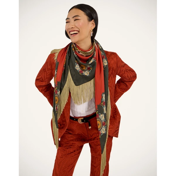 La DoubleJ Fringe Triangle Scarf in Nucleus Rust, view 2