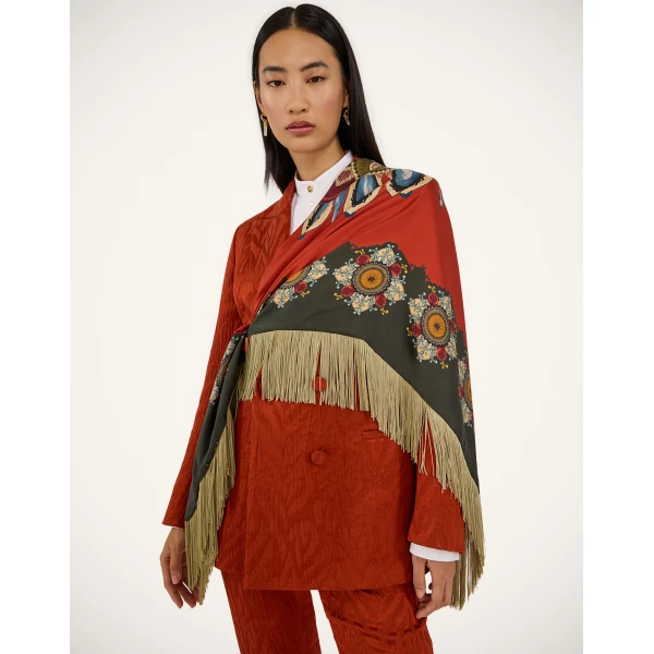 La DoubleJ Fringe Triangle Scarf in Nucleus Rust, view 4