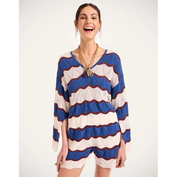 La DoubleJ Hang Ten Top in Color Block Ivory & Blue, view 2