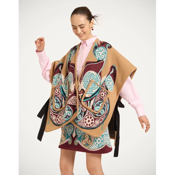La DoubleJ In My Power Knit Scarf Cape in Alchemy Light Blue, Burgundy, and Camel, view 2