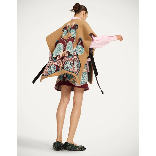 La DoubleJ In My Power Knit Scarf Cape in Alchemy Light Blue, Burgundy, and Camel, view 3