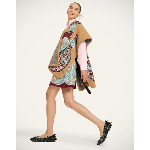 La DoubleJ In My Power Knit Scarf Cape in Alchemy Light Blue, Burgundy, and Camel, view 4