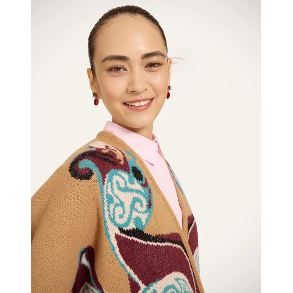 La DoubleJ In My Power Knit Scarf Cape in Alchemy Light Blue, Burgundy, and Camel, view 5