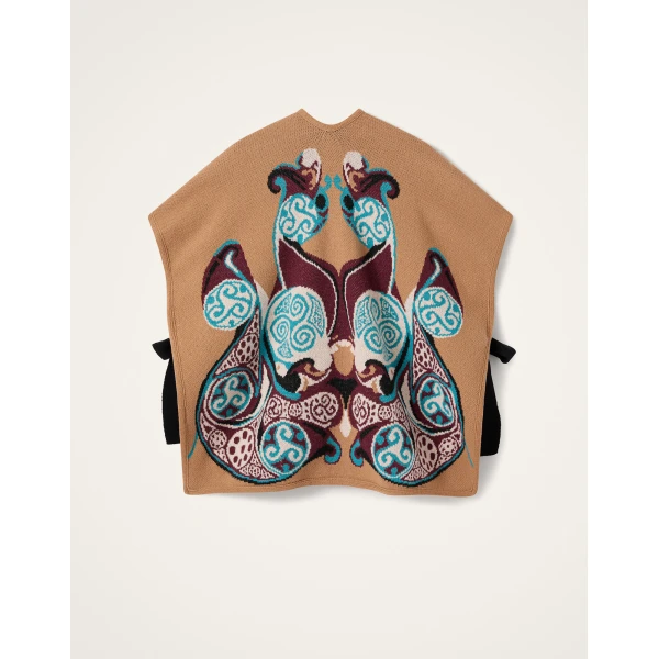 La DoubleJ In My Power Knit Scarf Cape in Alchemy Light Blue, Burgundy, and Camel, view 6