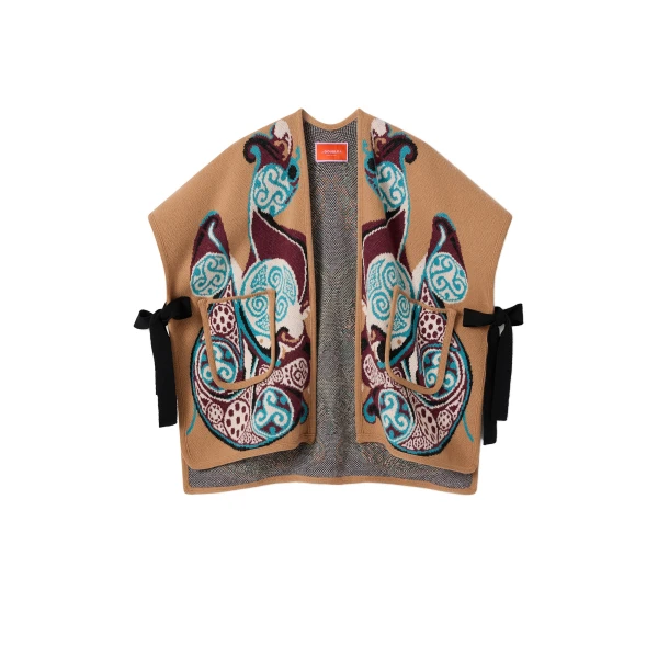 In My Power Knit Scarf Cape in Alchemy Light Blue, Burgundy, and Camel