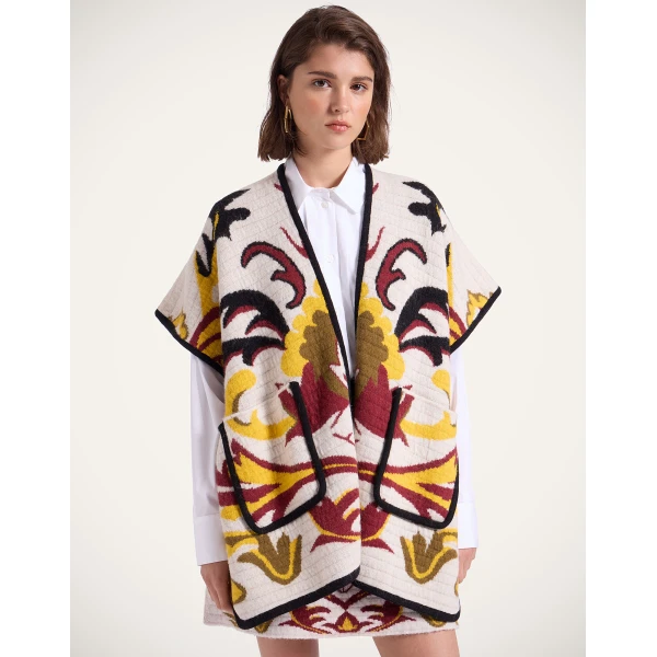 La DoubleJ In My Power Knit Scarf Cape in Multicolor Ivory & Red at Luxury Shoes 