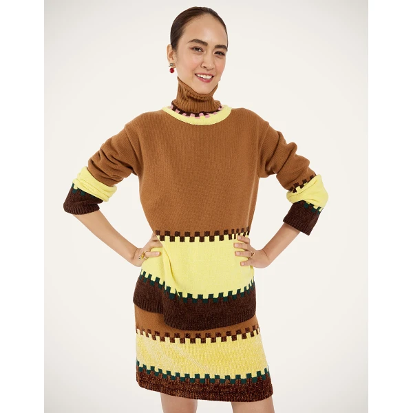 La DoubleJ In My Power Mini Skirt in Color Block Camel and Light Yellow at Luxury Shoes 