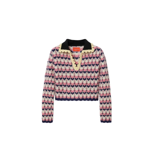 La DoubleJ Long Sleeves Picket Polo Shirt in Multicolor Pink & White