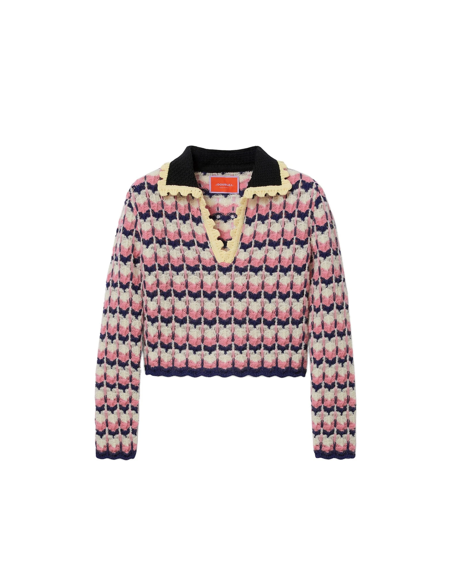 La DoubleJ Long Sleeves Picket Polo Shirt in Multicolor Pink & White La DoubleJ Long Sleeves Picket Polo Shirt in Multicolor Pink & White