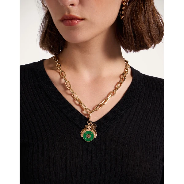 La DoubleJ Medallion Charm in 24K Gold Plate & Green Enamel, view 2