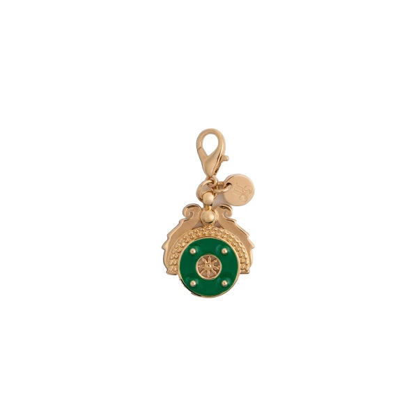 Medallion Charm in 24K Gold Plate & Green Enamel