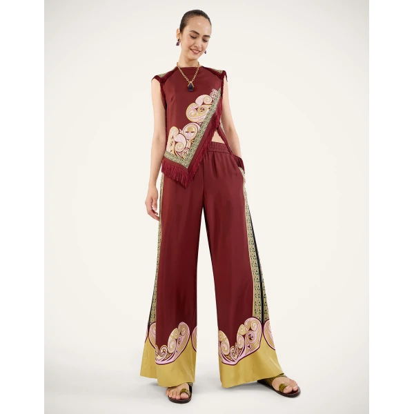 La DoubleJ Palazzo Pants in Kells Swirl Burgundy at Luxury Shoes 