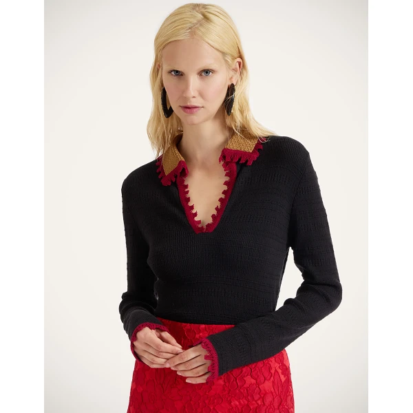 La DoubleJ Picket Polo Jumper in Black Knit, view 2