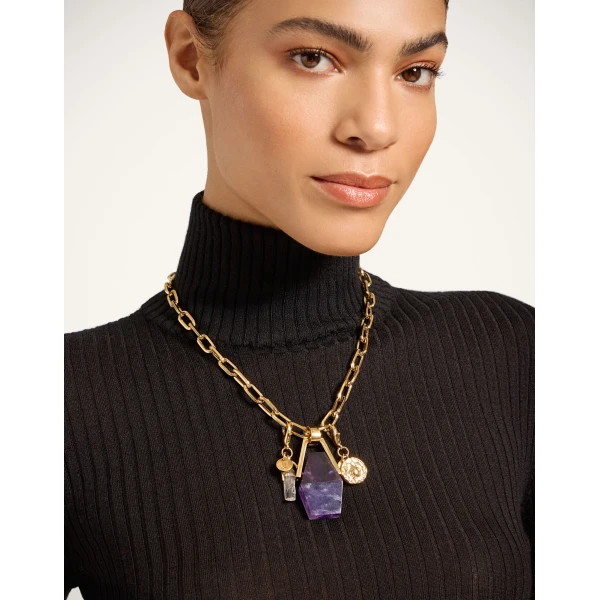 La DoubleJ Portal Necklace in 24k Gold Plate & Amethyst at Luxury Shoes 