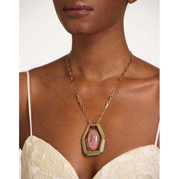 La DoubleJ Power Portal Necklace in 24K Gold Plate & Rhodonite at Luxury Shoes 