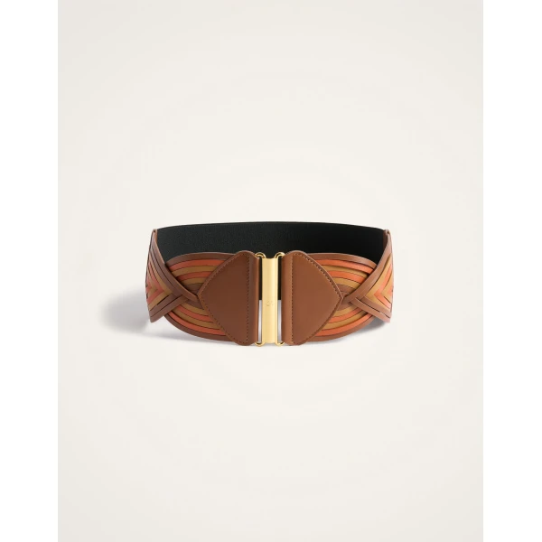 La DoubleJ Rainbow Belt in Color Block Orange & Camel at Luxury Shoes 