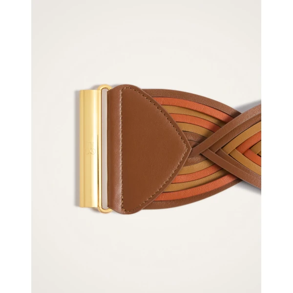 La DoubleJ Rainbow Belt in Color Block Orange & Camel at Luxury Shoes 