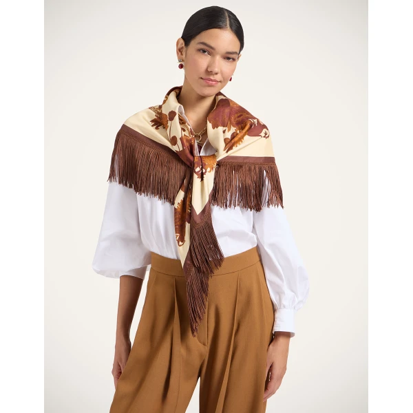 La DoubleJ Reversible Fringe Foulard 90 in Coven Buttercream at Luxury Shoes 