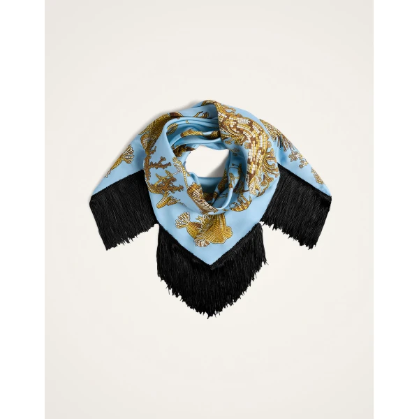 La DoubleJ Reversible Fringe Foulard 90 in Oceania Light Blue at Luxury Shoes 