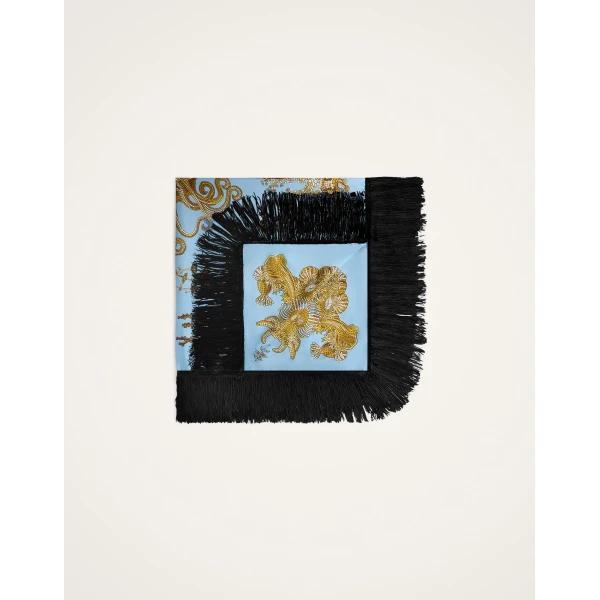 La DoubleJ Reversible Fringe Foulard 90 in Oceania Light Blue at Luxury Shoes 