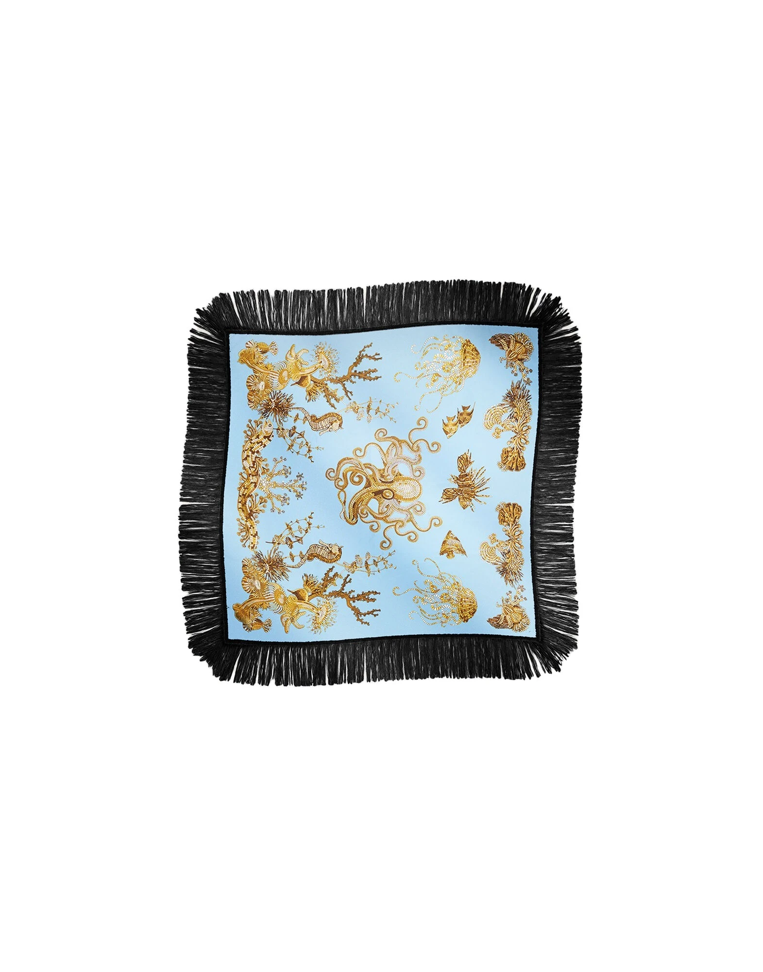La DoubleJ Reversible Fringe Foulard 90 in Oceania Light Blue at Luxury Shoes La DoubleJ Reversible Fringe Foulard 90 in Oceania Light Blue at Luxury Shoes