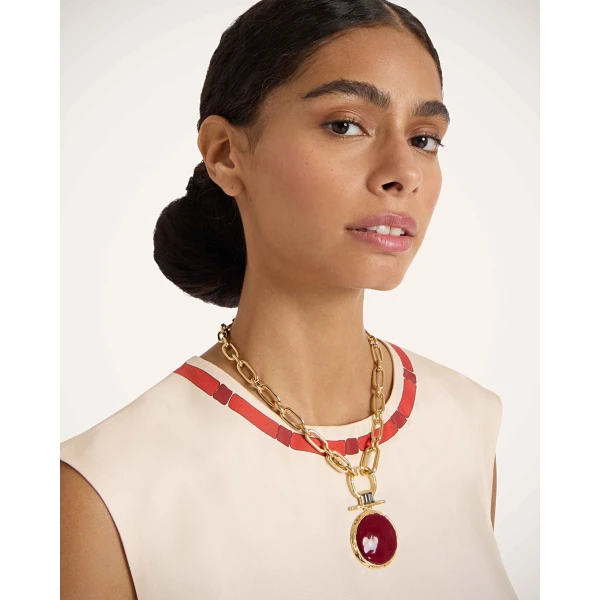 La DoubleJ Shen Loop Necklace in 24k Gold Plate & Red Enamel at Luxury Shoes 