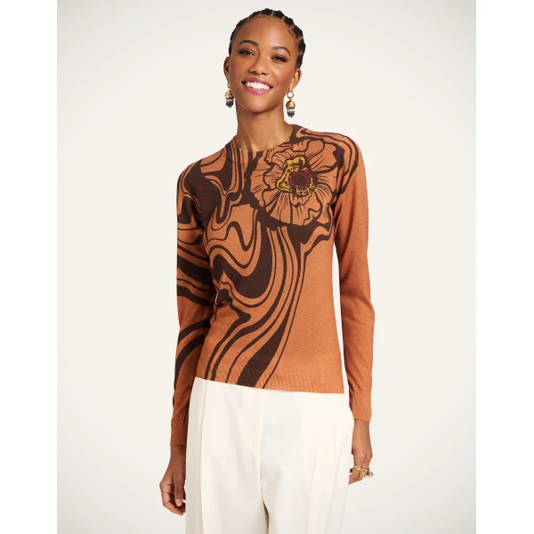 La DoubleJ Silky Crew Neck in Big Blooms Brown, view 2