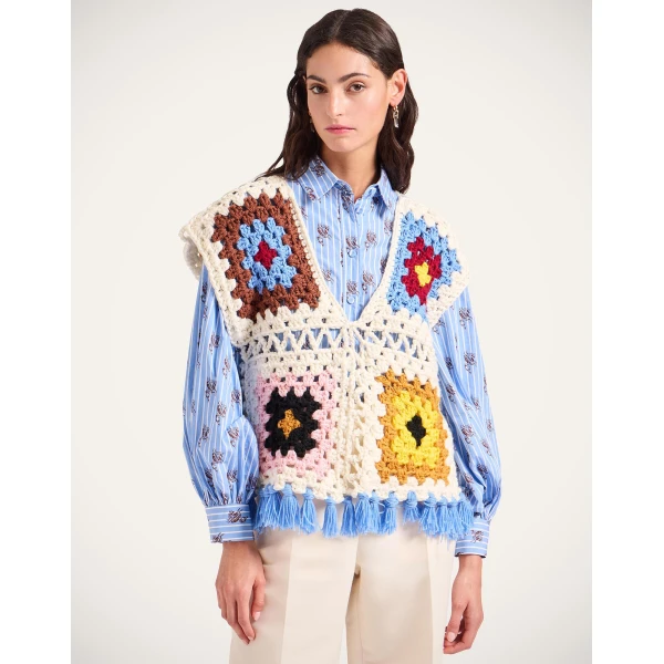 La DoubleJ Sole Star Crochet Top in Flower Tile Ivory, view 2