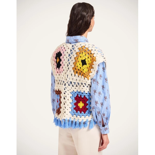 La DoubleJ Sole Star Crochet Top in Flower Tile Ivory, view 3